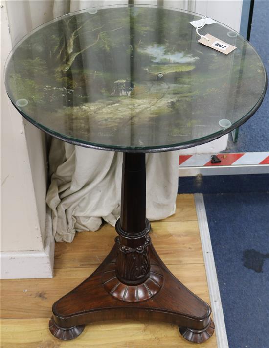 A Victorian table with painted top depicting country scene W.49cm